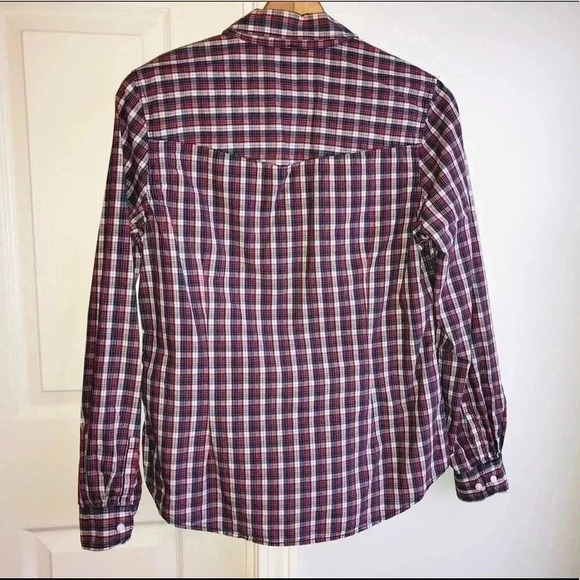 H&M Women’s 12 Large Lightweight Red Blue Plaid Long Sleeve Casual Button Down - Picture 3 of 4
